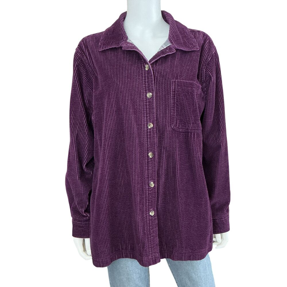 LL Bean Corduroy Shirt Jacket Womens L Purple Chore Barn Plaid Flannel Lined VTG - Picture 1 of 14